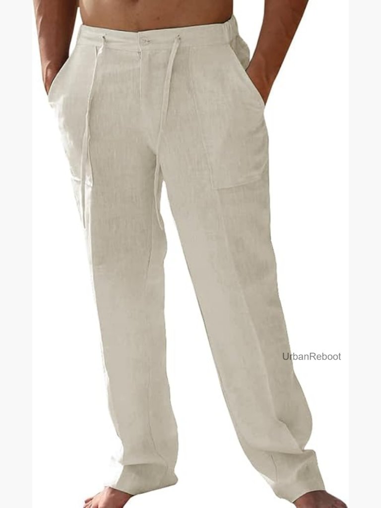 Mens Casual Linen Pants Elastic Drawstring Waist Loose Fit Slacks Pockets